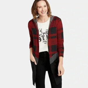 Maurice’s Women’s Buffalo Plaid Block Drape Front Hooded Cardigan